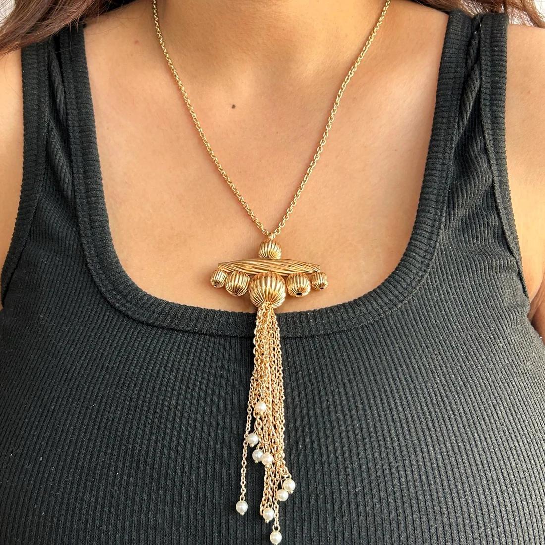 Golden Beaded Geometrical Tassle Necklace