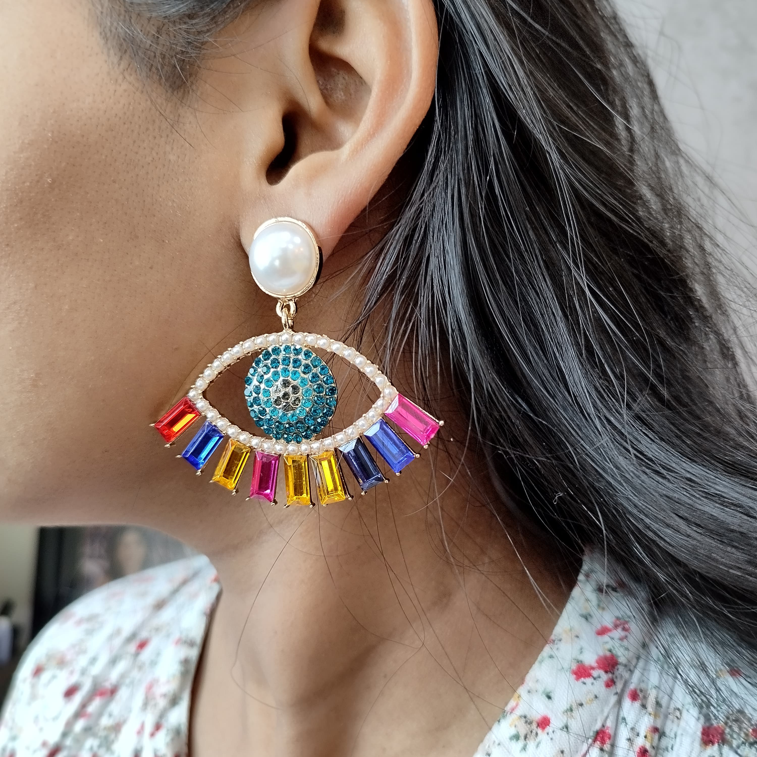 Multi Coloured Stone Beaded Evil Eye Drop Earrings