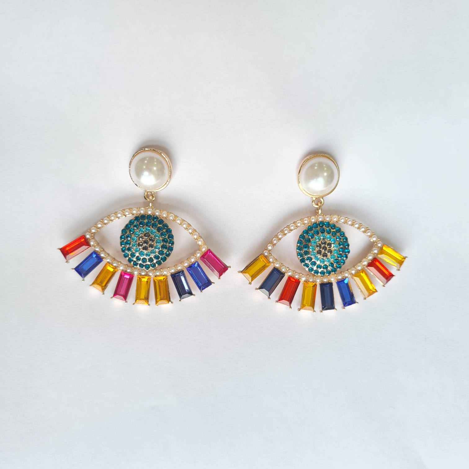 Multi Coloured Stone Beaded Evil Eye Drop Earrings