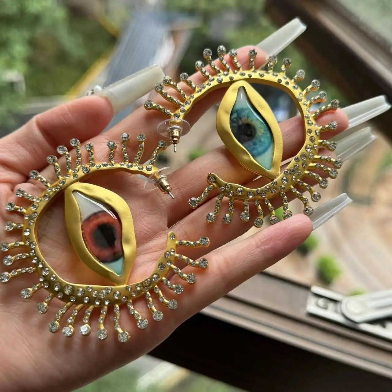 Golden Hoop with Quirky Eye and Stone Earrings