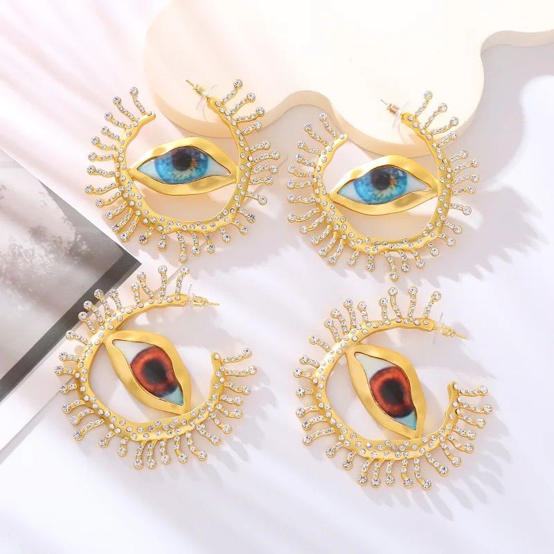 Golden Hoop with Quirky Eye and Stone Earrings