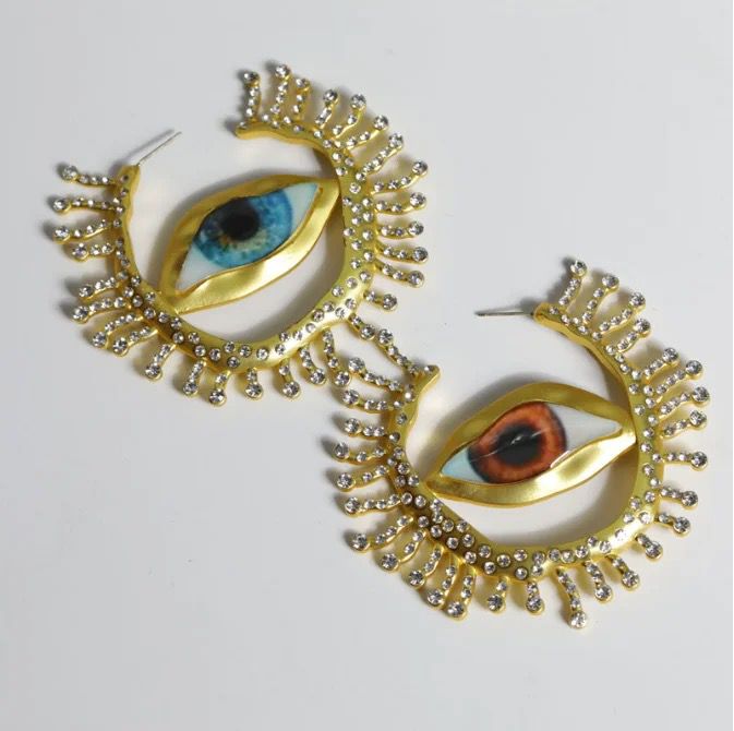 Golden Hoop with Quirky Eye and Stone Earrings