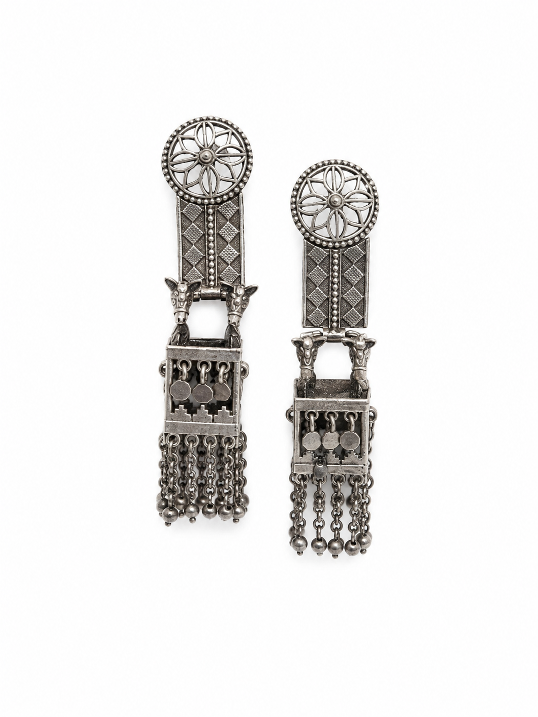 Silver-finish Oxidised Horse Drop Jhumka