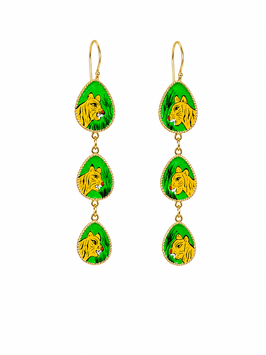 Hand painted Brass Tiger Teardrop Enamel Earrings