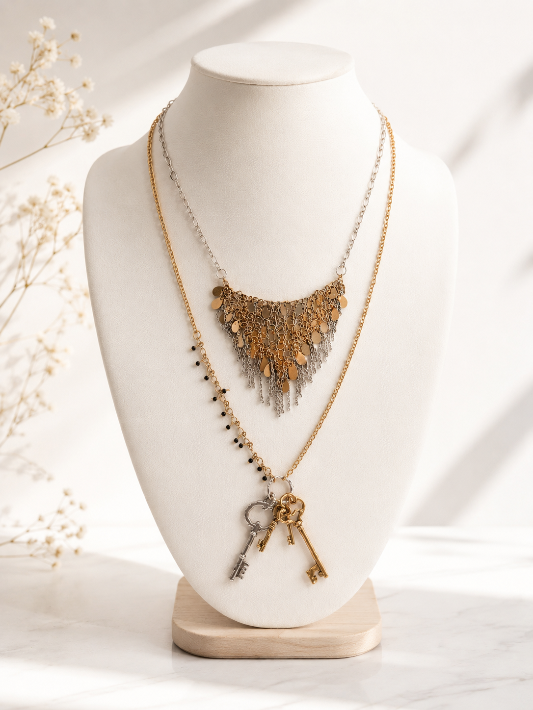 Silver Key Charm Layered Necklace