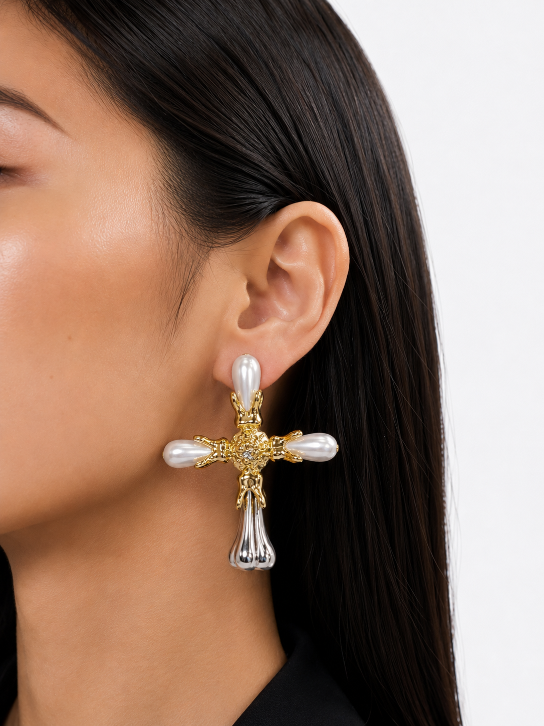 Golden Cross of Pearl  Earrings