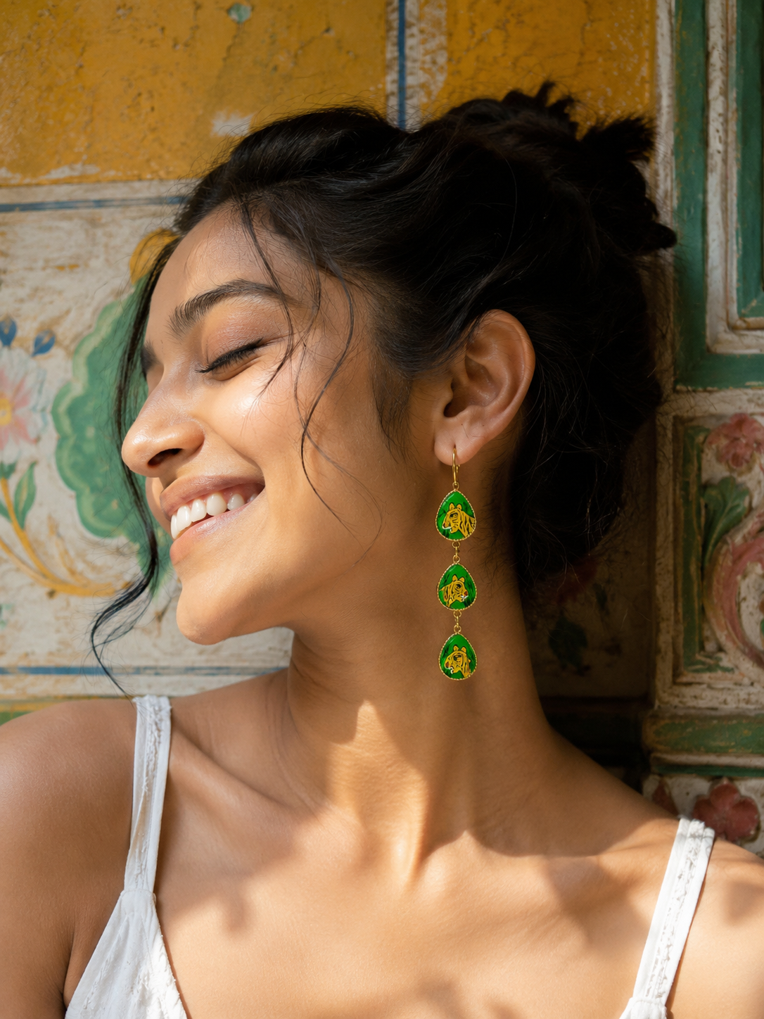 Hand painted Brass Tiger Teardrop Enamel Earrings