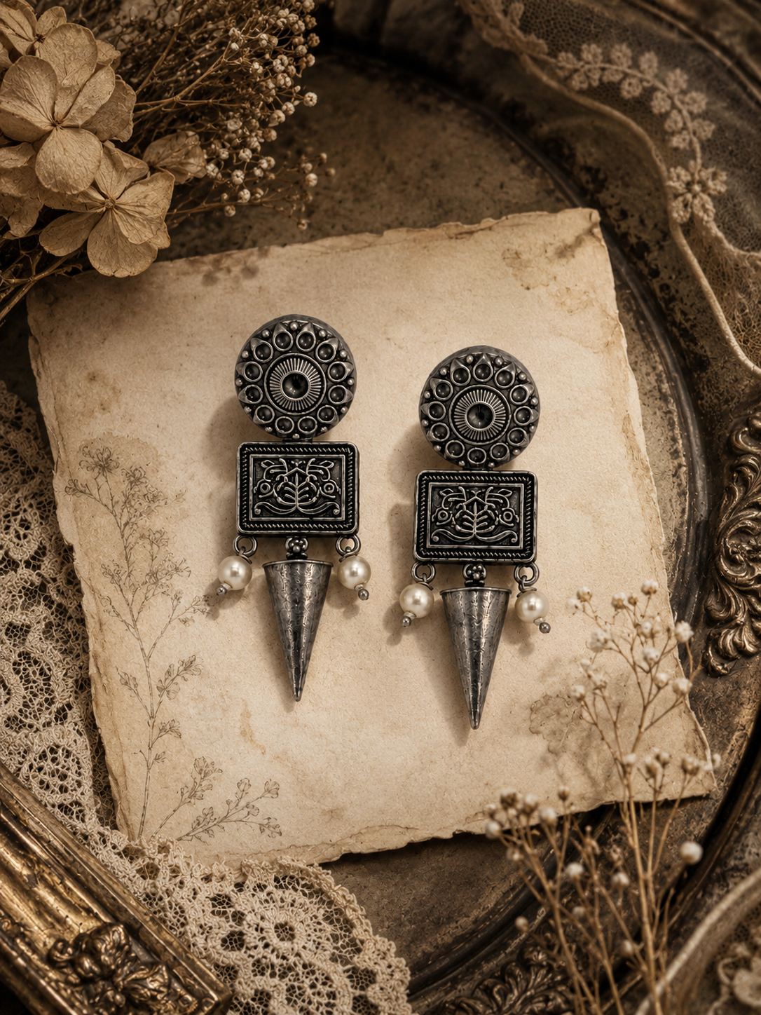 Oxidised Pearl Hanging Earrings