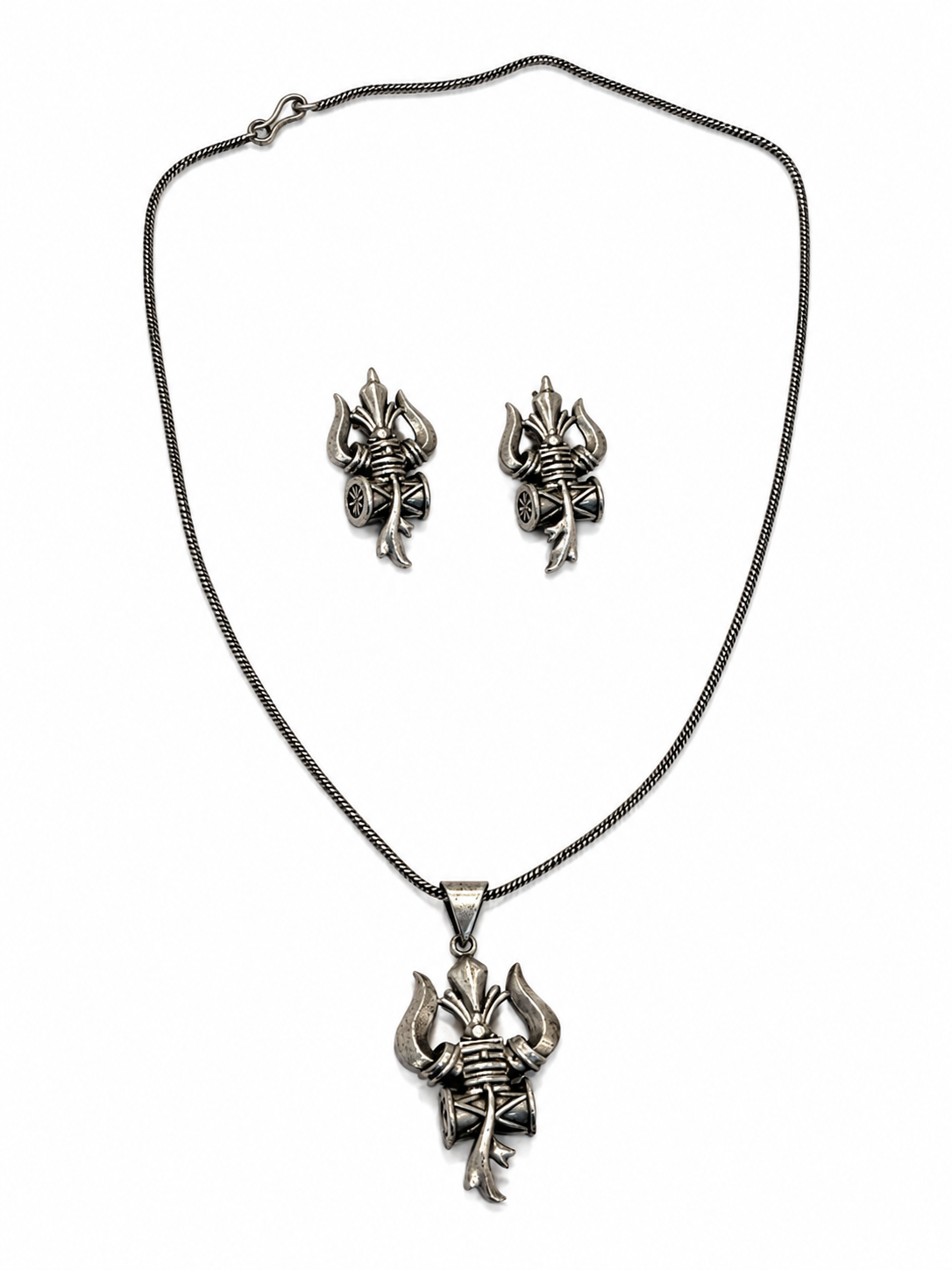 Silver-toned Damru Trishul Shiva Necklace Set