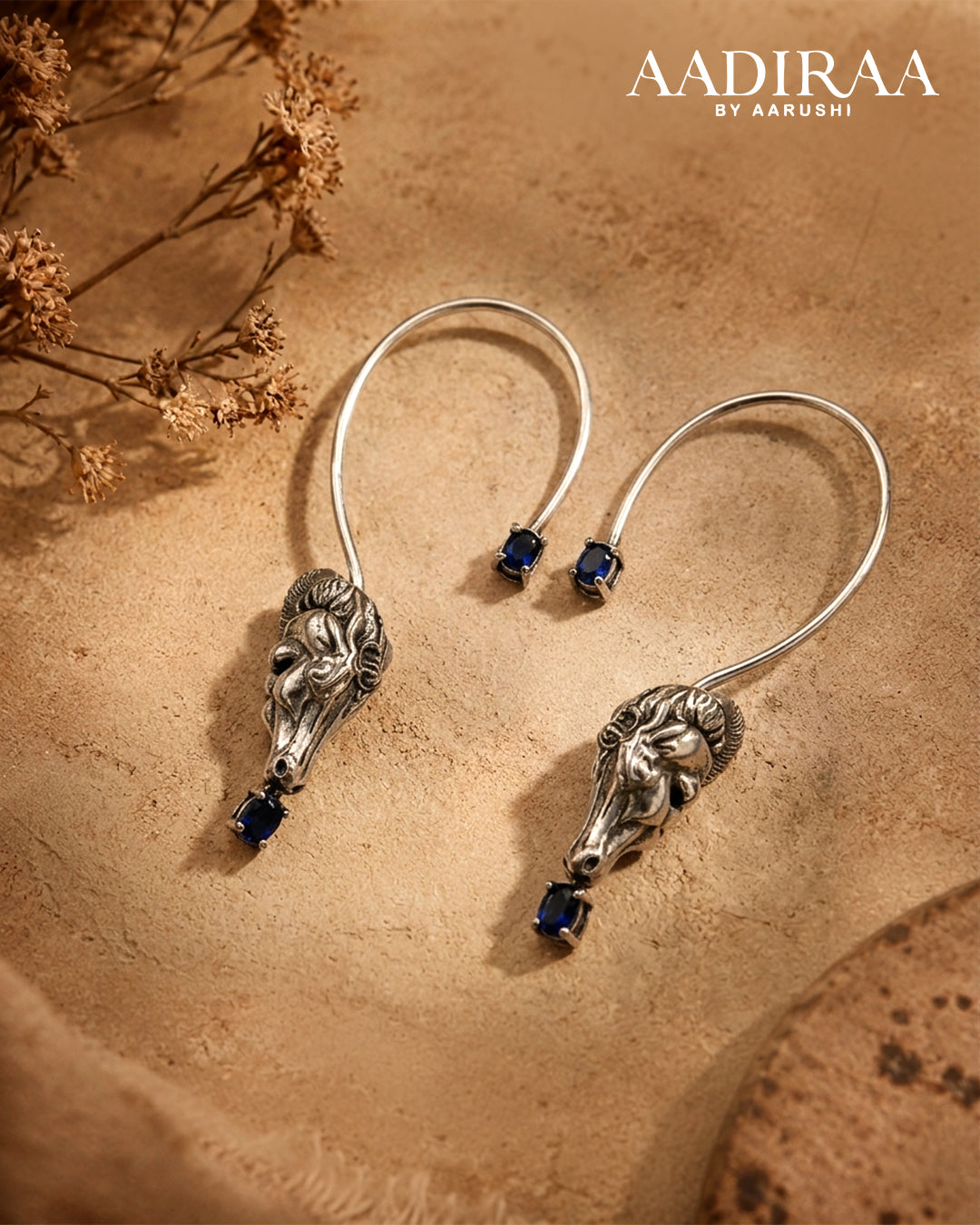 Oxidised Horse Earcuffs with Blue Stone