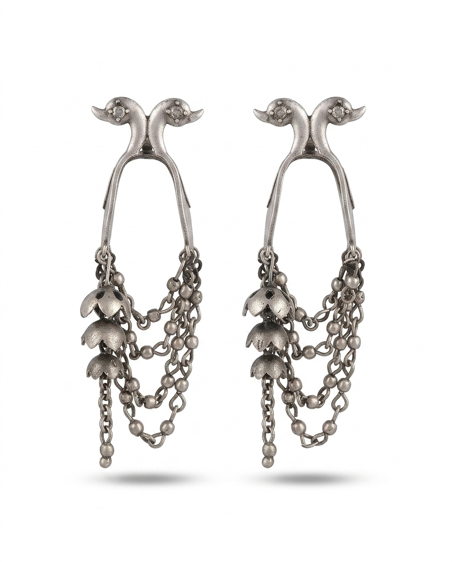 Silver-toned Peacock Floral Drop Earrings