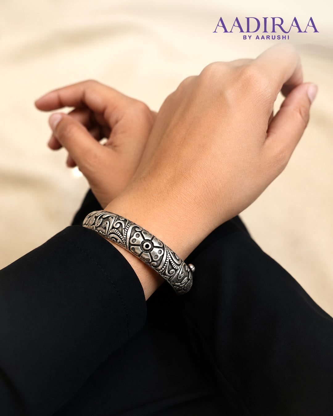 Silver Oxidised Floral Motif Kada Bracelet