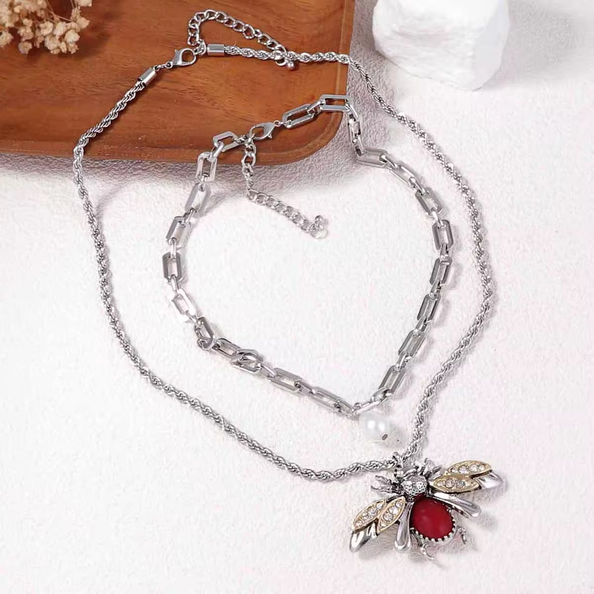 Bee Twin Silver Double Layered Necklace