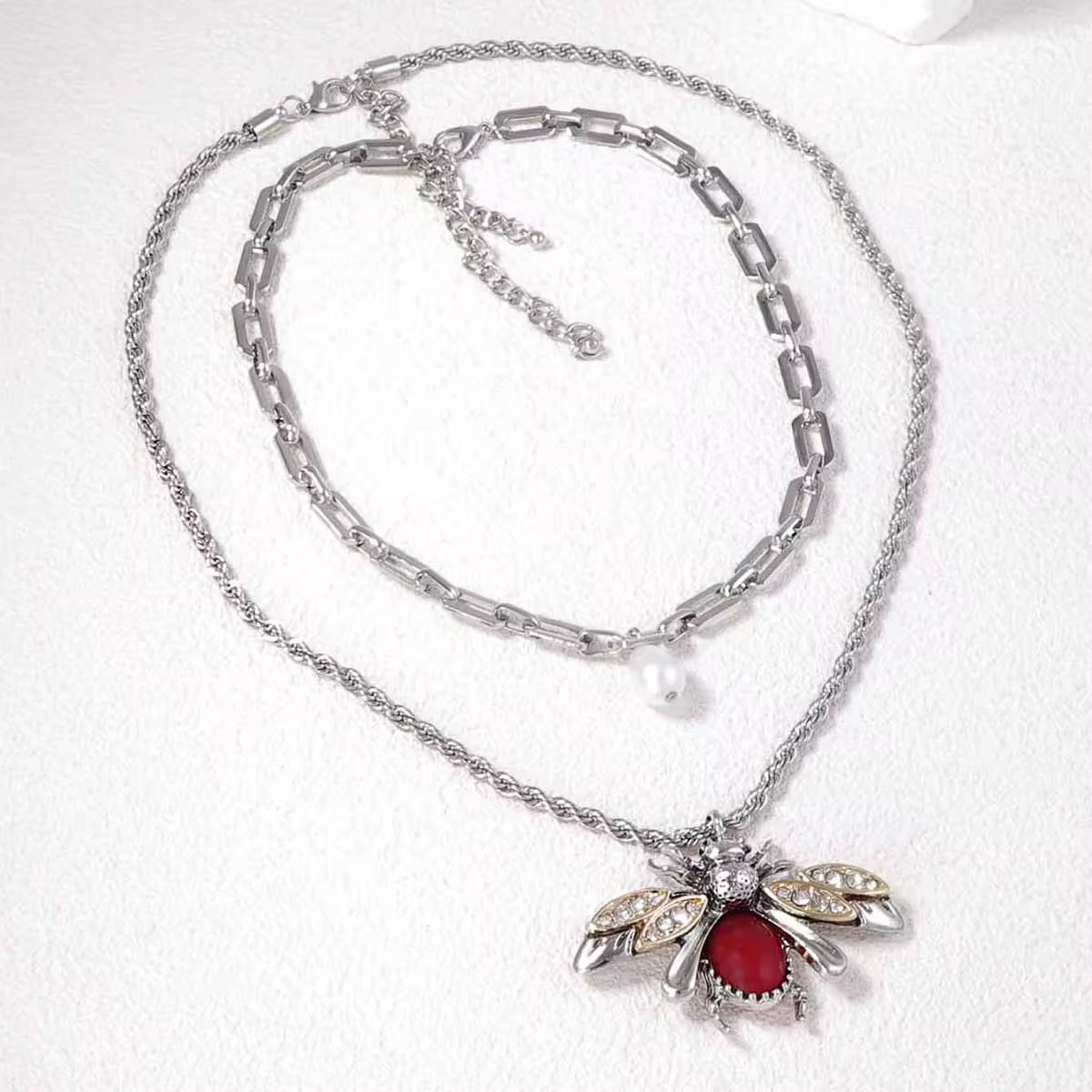 Bee Twin Silver Double Layered Necklace