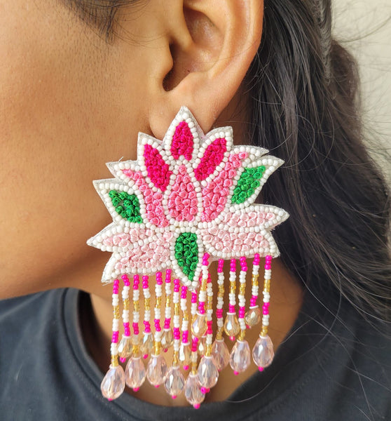Vibrant Multi Coloured Lotus Beaded Fancy Earrings