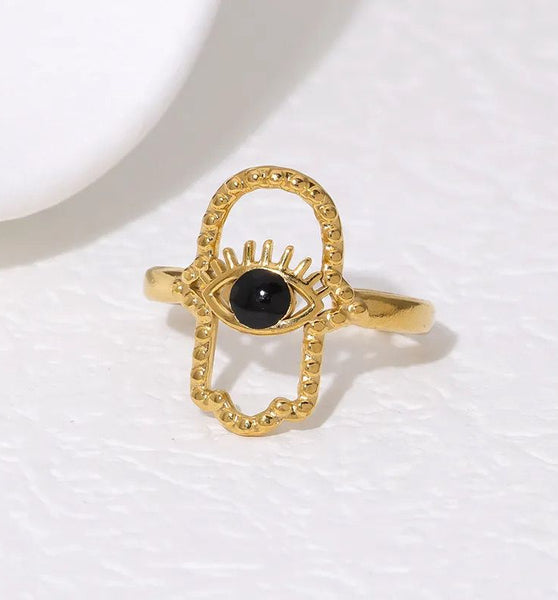 Statement black and gold evil eye ring