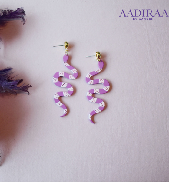 Boho Snake Shaped Polymer Clay Earrings in Lavender and White - aadiraabyaarushi