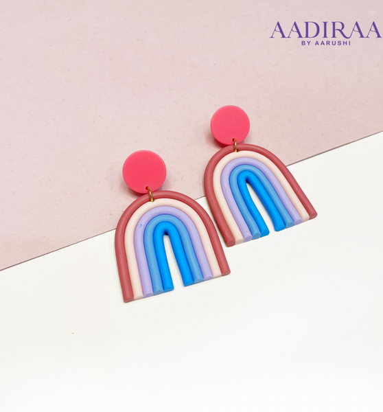 Pink and Blue Rainbow Polymer Clay Earring - aadiraabyaarushi