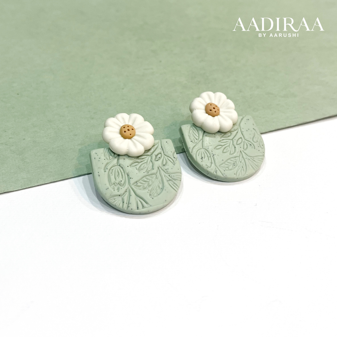 Floral Small Polymer Clay Earring (Green) - aadiraabyaarushi