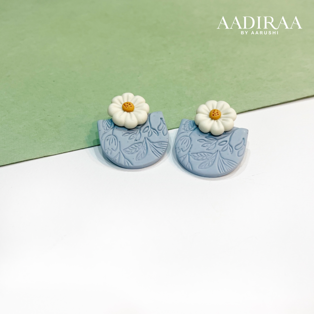 Floral Small Polymer Clay Earring (Blue) - aadiraabyaarushi