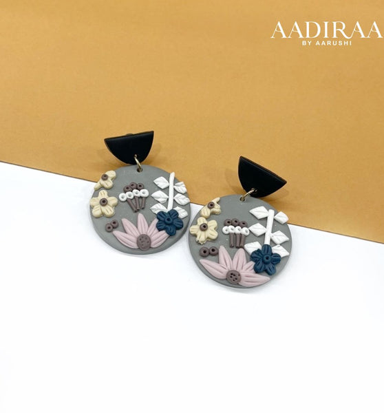 3D Gray Floral Polymer Clay Earring - aadiraabyaarushi