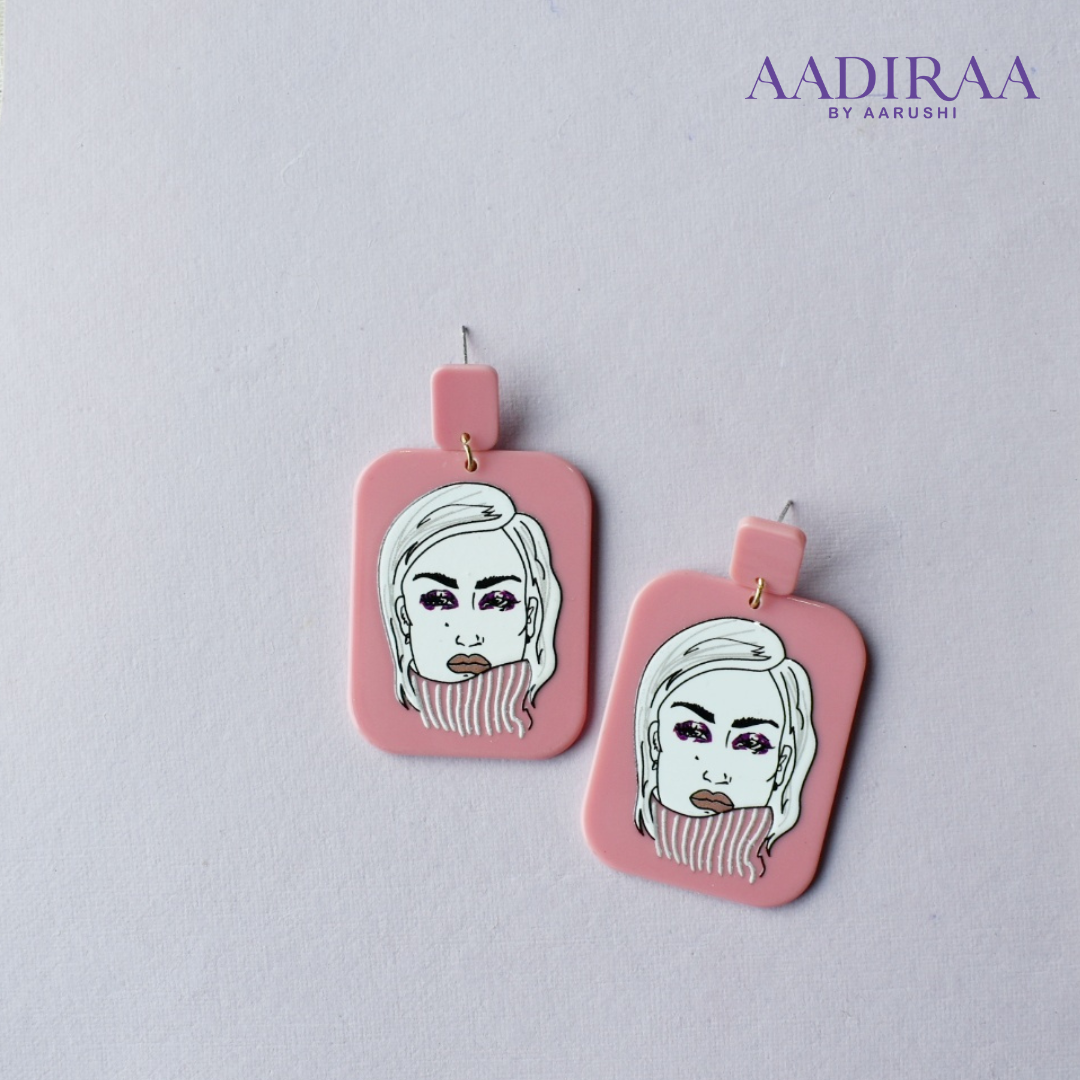 Red Square Acrylic Women Portrait Earring - aadiraabyaarushi